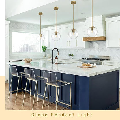 Bagood 8" Globe Pendant Light Gold Mid Century Modern Light Fixture Clear Glass Pendant Lights Kitchen Island Modern Pendant Lights Brushed Brass Finished with Clear Glass Lampshade for Bedroom
