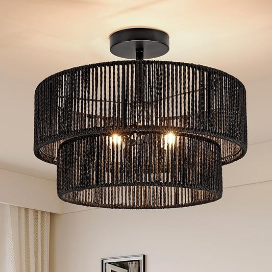 15.7'' Black Boho Light Fixtures Ceiling Mount Coastal Hemp Rope Semi Flush Mount Ceiling Light Fixture 3-Light Rattan Light Fixtures with 2-Tier Drum Shade for Dining Room Kitchen Entry
