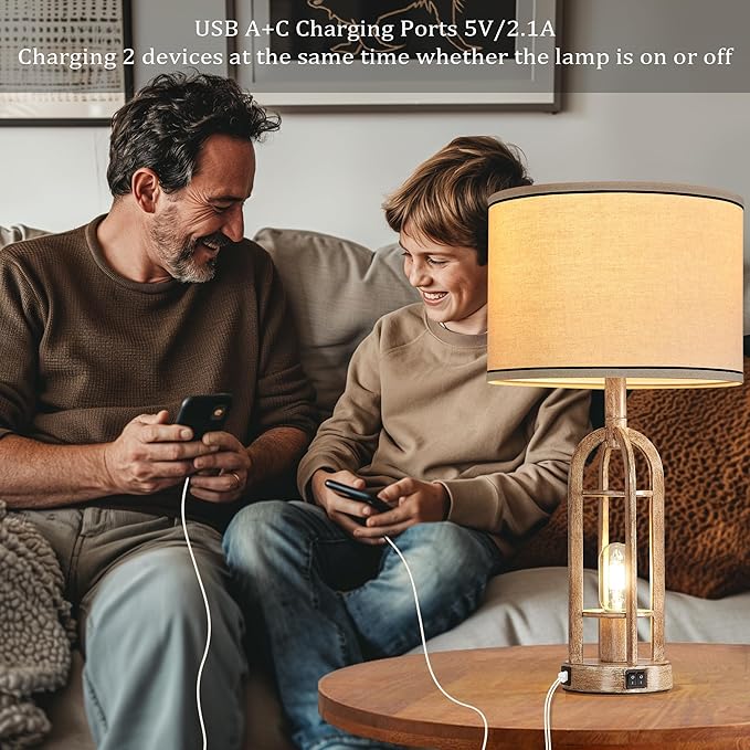 SRJJA Farmhouse Table Lamps for Living Room End Table Set of 2 - Rustic Bedside Lamps for Bedroom Nightstand with Night Light & USB A+C, Bulbs Included