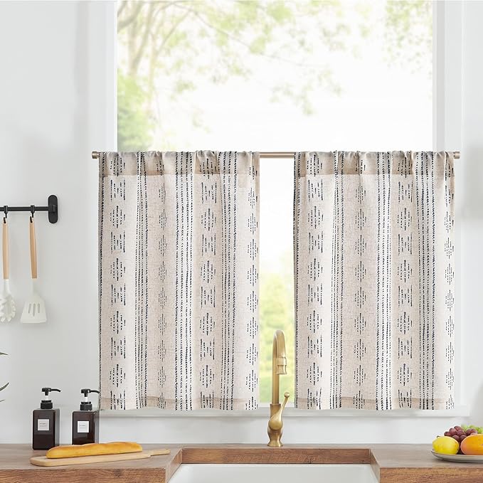 jinchan Boho Kitchen Linen Tier Curtains 30 Inch Bohemian Cafe Curtains Farmhouse Natural Striped Half Window Treatment for Bathroom RV Vintage Small Window Curtains 2 Panels Blue on Beige