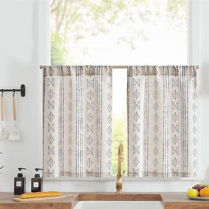 jinchan Boho Kitchen Linen Tier Curtains 30 Inch Bohemian Cafe Curtains Farmhouse Natural Striped Half Window Treatment for Bathroom RV Vintage Small Window Curtains 2 Panels Blue on Beige