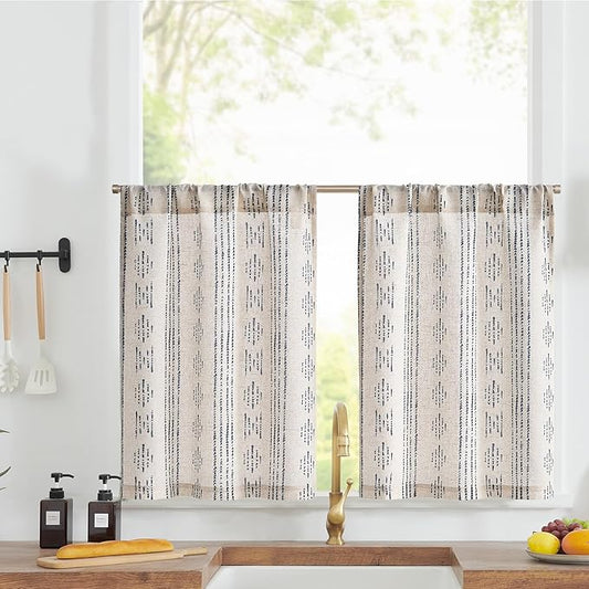 jinchan Boho Kitchen Linen Tier Curtains 30 Inch Bohemian Cafe Curtains Farmhouse Natural Striped Half Window Treatment for Bathroom RV Vintage Small Window Curtains 2 Panels Blue on Beige