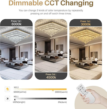 COCOSTAR Crystal Chandeliers, Modern Led Luxury Chandelier, 43" Suqare Flush Mount Chandelier Ceiling Light, Raindrop Chandeliers for Dining Room, Living Room, Bedroom, Gold