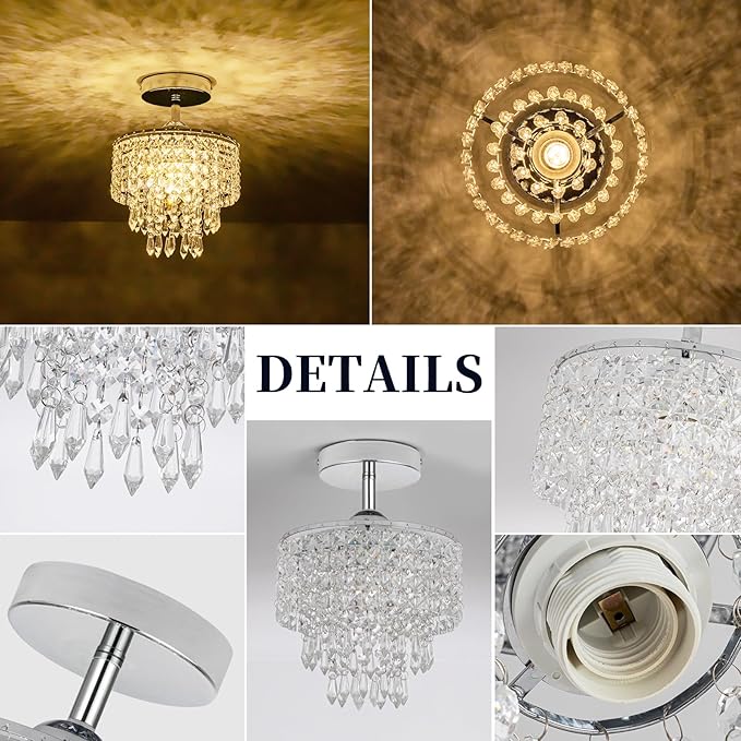 8" Mini Crystal Chandelier 3-Tier Crystal Raindrop Semi Flush Mount Ceiling Light Fixture Small Chandelier for Bedroom Kitchen Hallway Bathroom Closet (Chrome)