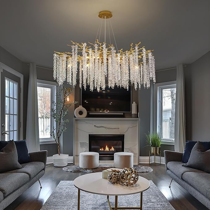 Tree Branches Chandeliers Luxury Round Raindrop Crystal Pendant Light 15 Lights Tassel Ceiling Hanging Light for Dining Room Bedroom Living Room Entryway 39.5" Gold