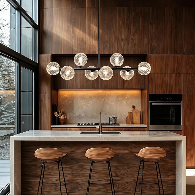 Linear Chandeliers for Dining Room, 8-Light Clear Swirled Glass Globe 37" Mid Century Modern Sputnik Chandeliers Bubble Chandelier Black Dining Room Chandelier Pendant Lights Kitchen Island