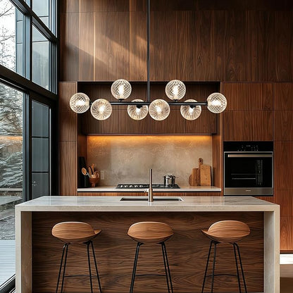 Linear Chandeliers for Dining Room, 8-Light Clear Swirled Glass Globe 37" Mid Century Modern Sputnik Chandeliers Bubble Chandelier Black Dining Room Chandelier Pendant Lights Kitchen Island