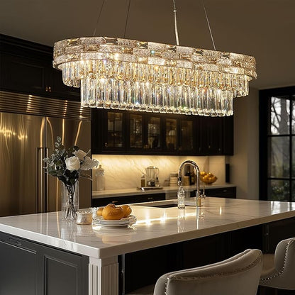 34.3" L Modern Crystal Chandeliers for Dining Room 12 Lights Gold Chandelier Large Luxury Chandelier Pendant Light Fixture, Kitchen Island,Entryway,Living Room 34.3" L x 8.7" H
