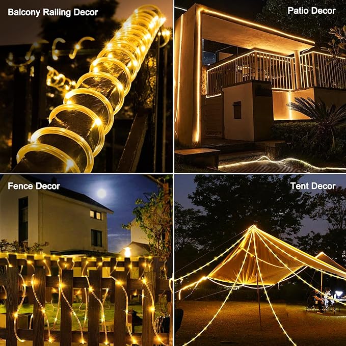 WIND STAR Solar Rope Light, 39FT 100 LEDs Fairy String Light Solar Powered, 8 Modes IP65 Waterproof Tube Light Decorative for Balcony Patio Garden Fence Camping, Warm White