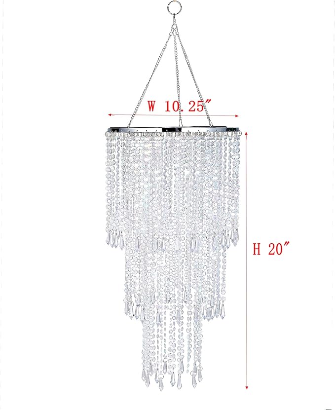 Modern Chrome Beaded Hanging Chandelier (W10.25 x H20”)，3 Tiers Beads Pendant Shade, Ceiling Chandelier Beaded Lampshade with Acrylic Jewel Droplets (Crystal Iridescent)