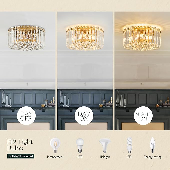 12.6" Gold K9 Crystal Raindrop Flush Mount Ceiling Light, Modern Chandelier, Round Luxury Light Fixture for Dining Room, Bedroom, Hallway, Kitchen Island & Living Room