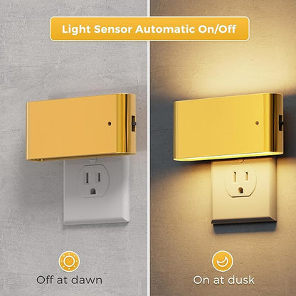 L LOHAS LED Night Light, 2 Pack Dimmable Modern LED Night Lights Plug into Wall,Dusk to Dawn Sensor Night Lights for Kid, 0-100LM 3000K Soft White Nightlight for Hallway Bedroom Stairway(Gold)