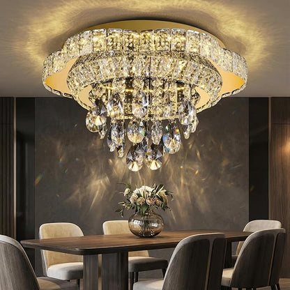 Gold 18" Modern Flush Mount Chandelier for Bedroom, LED Crystal Ceiling Light Over Table,Elegant Dining Room Lighting Fixture with Remote Control, 3CCT Dimmable