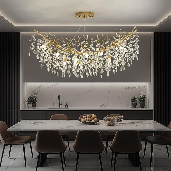 Rectangle Crystal Tree Branch Chandelier, L40'' Modern Luxury Gold Linear Art Deco Raindrop Pendant Lighting Fixture for Kitchen Island Foyer Living Room Dining Room 10 Lights