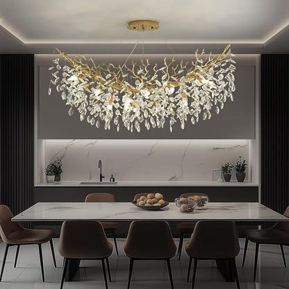 Rectangle Crystal Tree Branch Chandelier, L40'' Modern Luxury Gold Linear Art Deco Raindrop Pendant Lighting Fixture for Kitchen Island Foyer Living Room Dining Room 10 Lights