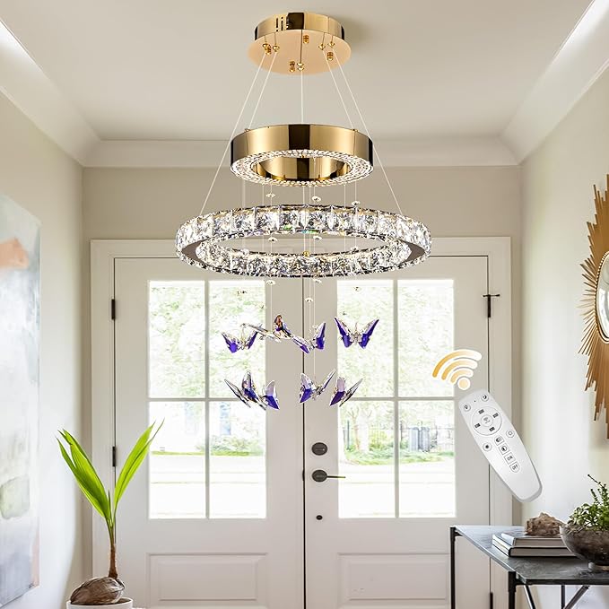 D 18" LED Gold Crystal Butterfly Chandelier, Dimmble LED Light Fixtures with Remote, Gold Modern Round Ring Crystal Chandeliers, for Dining Room, Kitchen Island, Entryway, Living Room, Bedroom