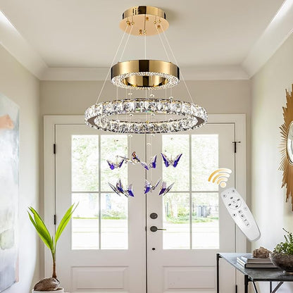 D 18" LED Gold Crystal Butterfly Chandelier, Dimmble LED Light Fixtures with Remote, Gold Modern Round Ring Crystal Chandeliers, for Dining Room, Kitchen Island, Entryway, Living Room, Bedroom
