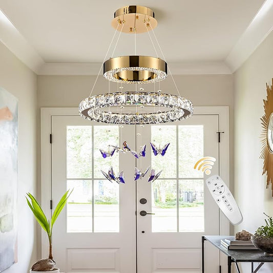 D 18" LED Gold Crystal Butterfly Chandelier, Dimmble LED Light Fixtures with Remote, Gold Modern Round Ring Crystal Chandeliers, for Dining Room, Kitchen Island, Entryway, Living Room, Bedroom