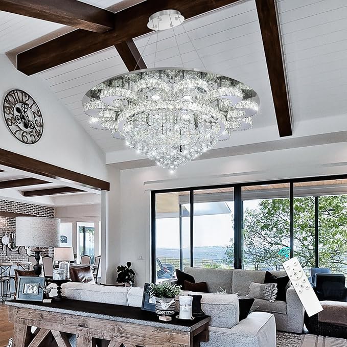 HAIXIANG Modern Chandelier Living Room Light Glam Chandeliers Ceiling Light Fixture Remote Dimmable Lights 40 Inches Luxury Crystal Silver Dining Room Lights