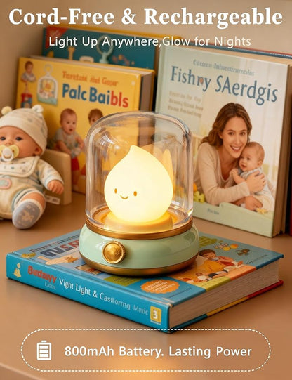 Smiley Night Light, Rechargeable Bedside Lamp with Timer & Dimmable Candle Flame, Portable LED Light for Baby Nursery, Bedroom, Camping - Cute Desk Decor & Gift