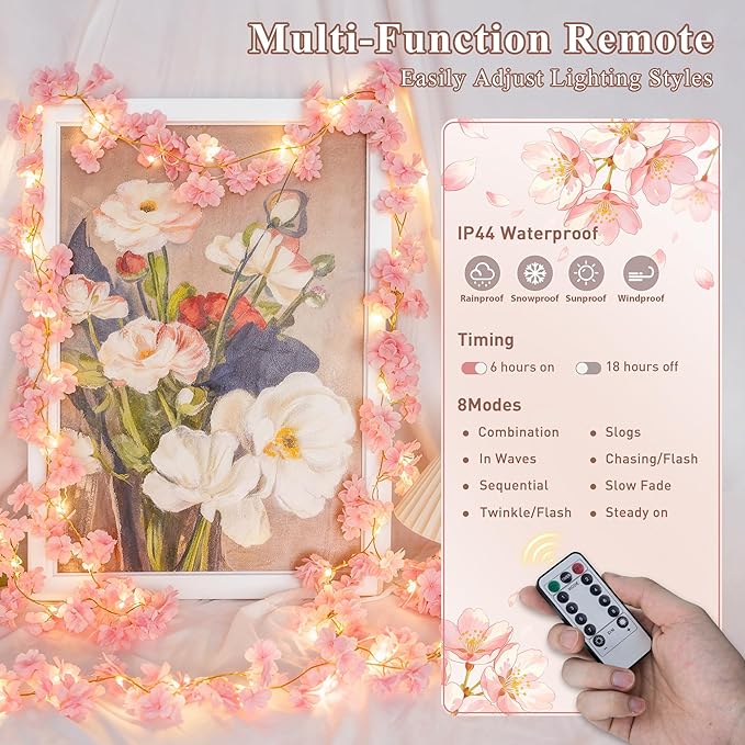 JMEXSUSS Cherry Blossom Lights Battery Operated, 15.75 FT 48 LED Pink Flower Garland with Lights, Artificial Flower Vines Garland for Gackdrop Spring Wedding Bedroom Classroom Indoor Decor