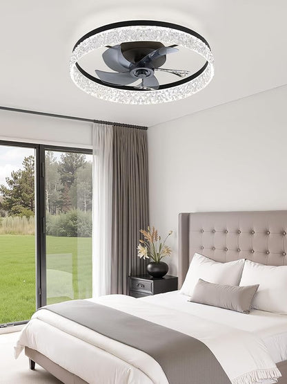 LEDIARY 22 Inch Ceiling Fans with Lights and Remote, Fandelier Low Profile Ceiling Fan, 3000K-6000K Dimmable Flush Mount LED Fan Light, Black Modern Ceiling Fans with Lights for Bedroom