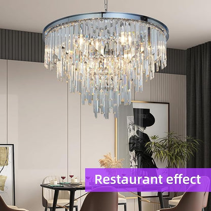 31'' Chrome Top K9 Crystal Chandelier Modern Lighting Fixture, 16 Lights Round K9 Crystal Adjustable Hanging Lamp for Dining Room Bedroom Living Room,Hallway,Bar,Kitchen
