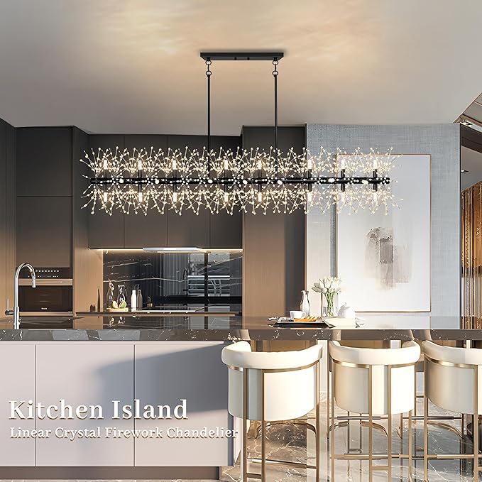 Chandeliers for Dining Room 59" Linear Crystal Chandeliers Light Fixture Firework Dandelion Sputnik Chandelier Long Black Crystal Branch Pendant Light for Kitchen Island Living Room Dining Table