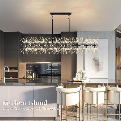 Chandeliers for Dining Room 59" Linear Crystal Chandeliers Light Fixture Firework Dandelion Sputnik Chandelier Long Black Crystal Branch Pendant Light for Kitchen Island Living Room Dining Table