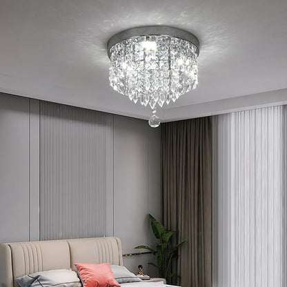 Deckrico Crystal Chandelier Modern Led Ceiling Light Flush Mount Stainless Steel Fixture Beaded Light Shade for Bedroom Dining Room Hallway Porch (White Light)