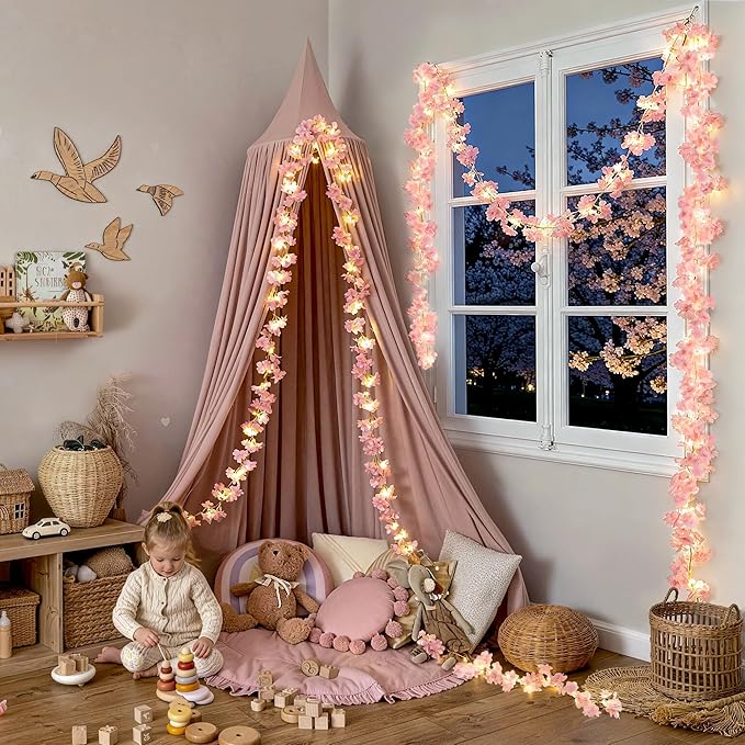 JMEXSUSS Cherry Blossom Lights Battery Operated, 15.75 FT 48 LED Pink Flower Garland with Lights, Artificial Flower Vines Garland for Gackdrop Spring Wedding Bedroom Classroom Indoor Decor