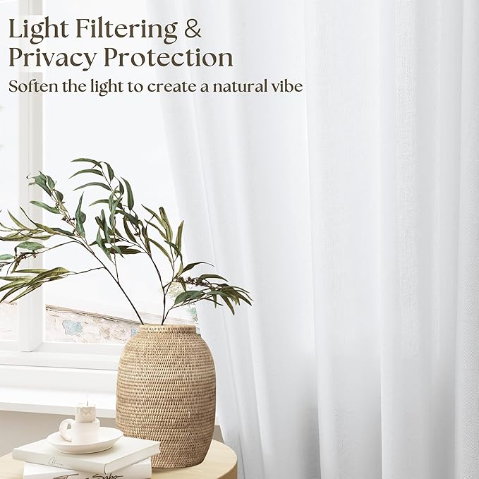 White Linen Kitchen Window Curtains 2 Panels Rod Pocket Linen Cafe Curtains 24 Inch Length Light Filtering Semi Sheer Boho Off White Short Tier Drapes for Small Window Basement Bathroom RV 26Wx24L