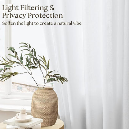 White Linen Kitchen Window Curtains 2 Panels Rod Pocket Linen Cafe Curtains 24 Inch Length Light Filtering Semi Sheer Boho Off White Short Tier Drapes for Small Window Basement Bathroom RV 26Wx24L