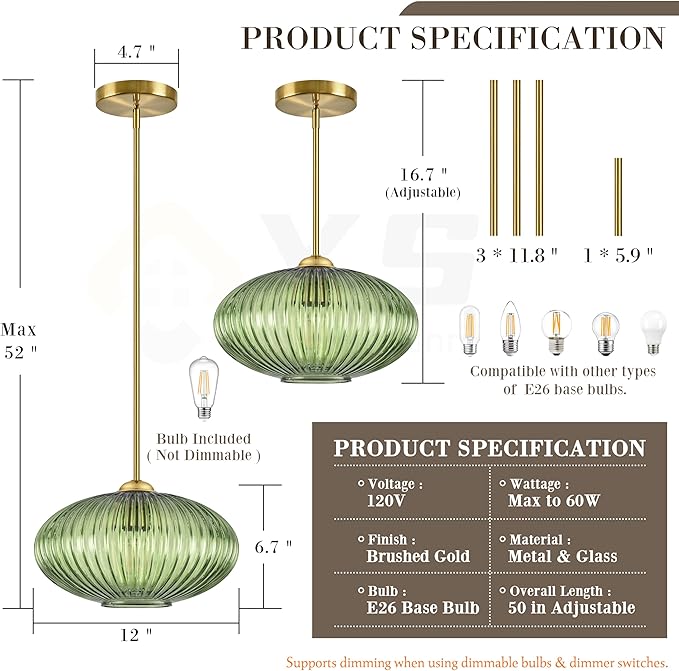 12" Green Glass Modern Pendant Light Kitchen Island 2 Pack Brushed Gold Mid Century Modern Pendant Lighting with Clear Green Glass Hanging Pendant Light for Dining Room（Bulb Incl.）