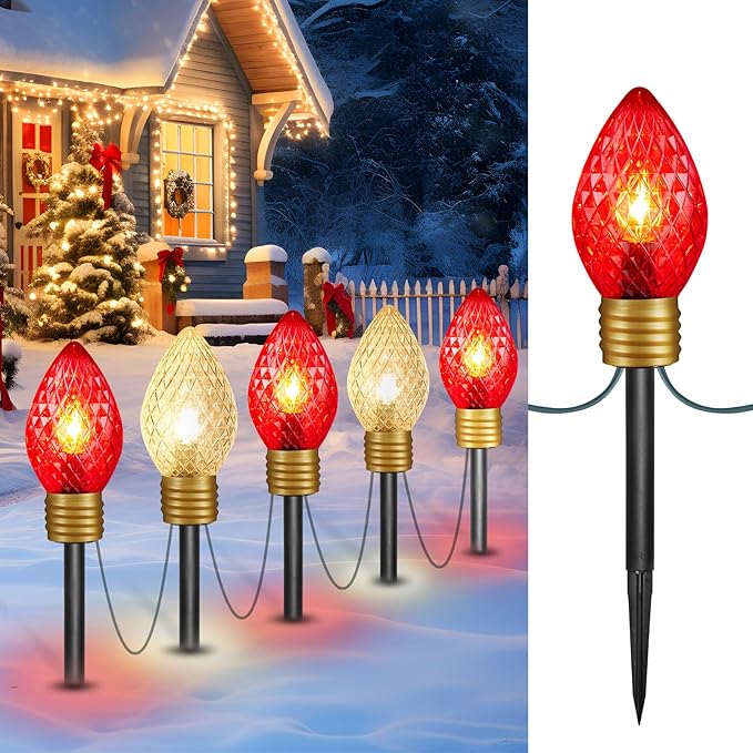 Strawberry Jumbo C9 Christmas Pathway Lights Outdoor - 8.5 FT 5 LED Large C9 Pathway Lights, Hanging Jumbo Christmas Light Outdoor Decorations for Lawn Holiday Yard, Red & Warm White