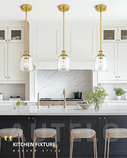 Autelo Gold Pendant Lights, 1-Light Pendant Lights Kitchen Island in Brushed Gold Finish with Clear Cylinder Glass, Vintage Pendant Light Fixtures, Vintage Hanging Lights for Kitchen Island H2511 CLBG