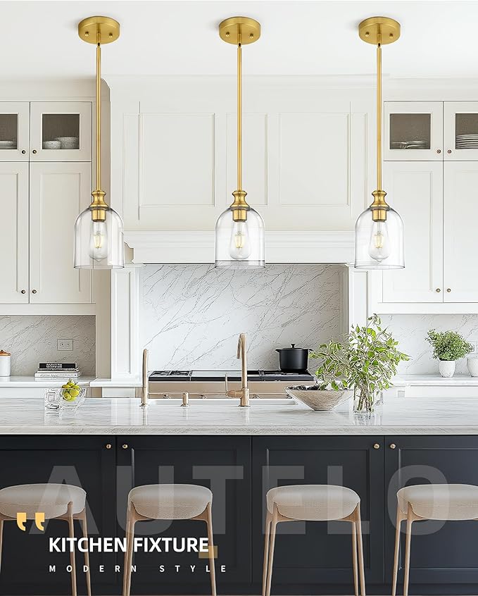 AUTELO 2-Pack Brushed Gold Pendant Lights Kitchen Island, Island Pendant Lights for Kitchen with Clear Cylinder Glass, Glass Pendant Lights with Adjustable Rods, H2511 CLBG 2PK