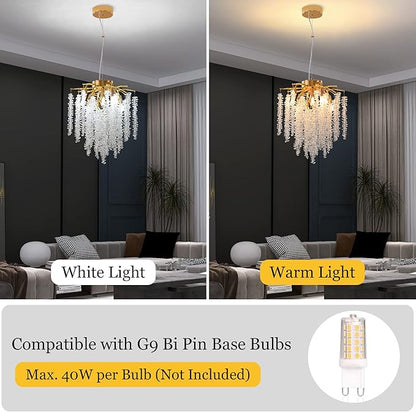 Modern Tree Branch Chandelier, D11.8'' Gold Crystal Raindrop Indoor Hanging Pendant Light Fixture for Dining Room Kitchen Island Bedroom 5 Lights