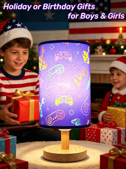 Video Game Lamp, Boy for Bedroom Reading Lamp-3-Way Dimmable Bedside Night Light with Cartoon Pattern Printed Shade and Wood Base for Kids Room,Game or Living Decor, Birthday Gifts for Boys