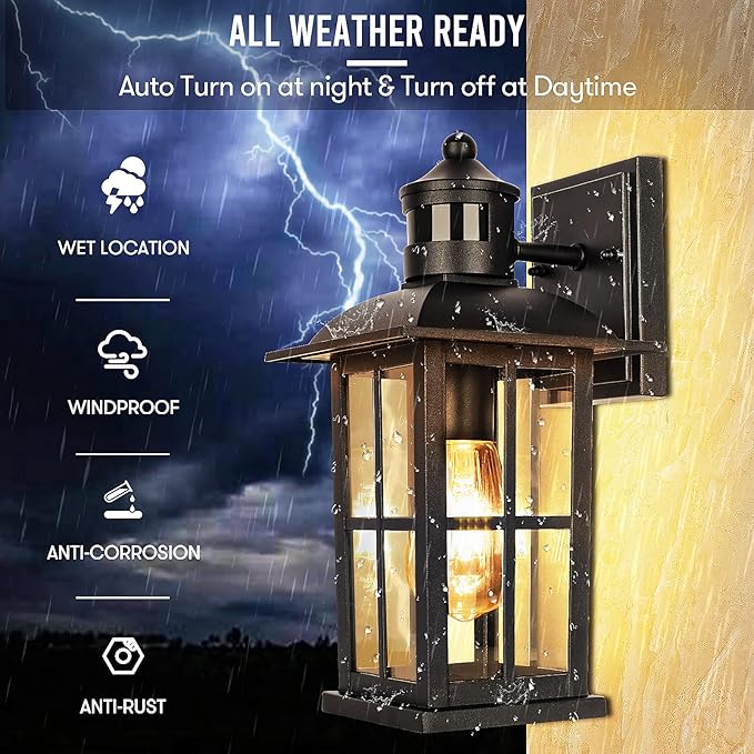 13in Motion Sensor Porch Lights, Anti-Rust 100% Aluminum Dusk to Dawn Outdoor Light Fixtures, Exterior Wall Lanterns Sconce Lighting Black, Outside Lights for House Wall Mount for Entryway Garage