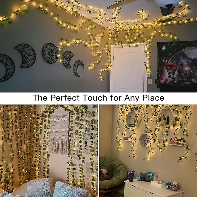 suddus Vines with Light for Bedroom, 200 LED Fairy Lights with Vines, Ivy Curtain Lights for Dorm, Wedding, Party, Wall, Indoor, Outdoor Decor, 6.5ft x 6.5ft with Remote（Warm White）