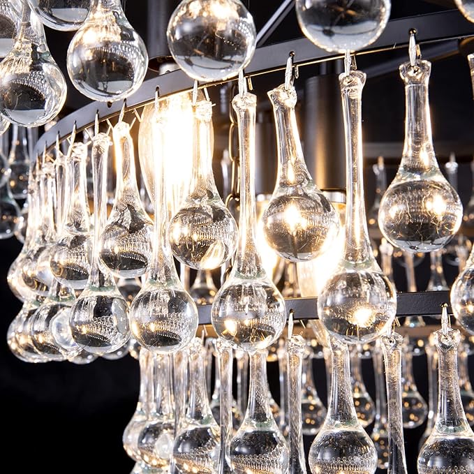 Wellmet Large Black Farmhouse Chandelier - 32" Round Modern Crystal Teardrop Chandelier for Dining Room, Bedroom, Kitchen, Hallway, Closet, Living Room