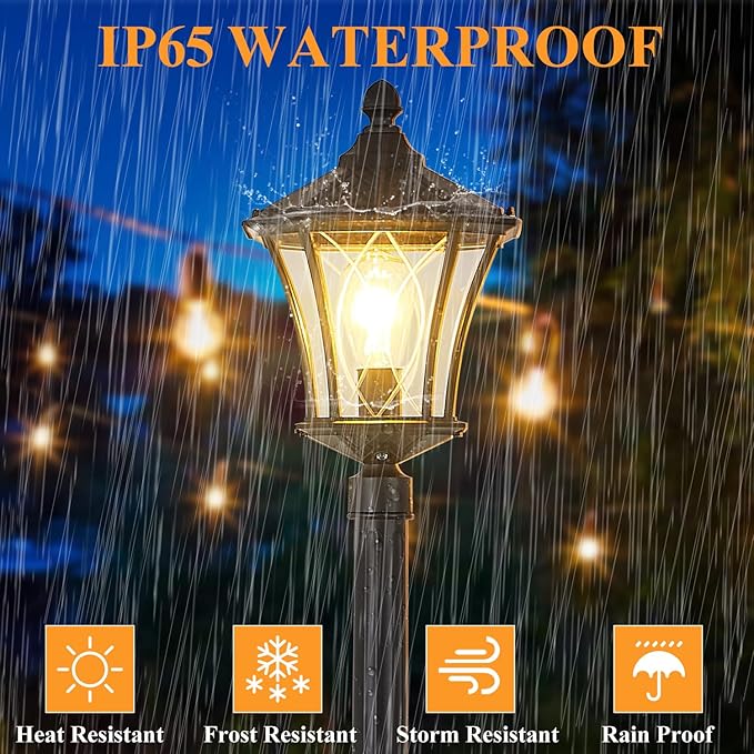 Outdoor Lamp Post Lights with Outlet, Dusk to Dawn Pole Lamp with Patterned Glass, Aluminum Waterproof Outside Street Light with Plug, Hardwired Black Light Pole for Backyard, Garden, Driveway