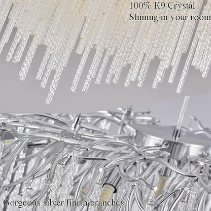 Crystal Chandelier Modern Chandelier Ceiling Light Fixture, 31.5in Waterfall Tree Branch Chandeliers for Dining Room Kitchen Island Living Room Foyer 10-Light (Silver)
