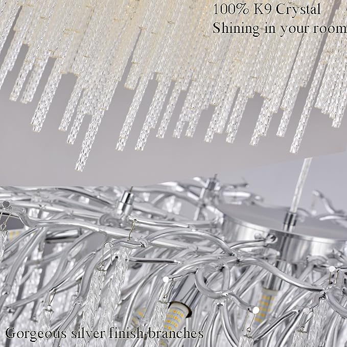 Crystal Chandelier Modern Contemporary Chandelier Ceiling Light Fixture, D23.64 Tree Branch Chandeliers for Dining Room Kitchen Island Living Room Foyer 8-Light (Silver)