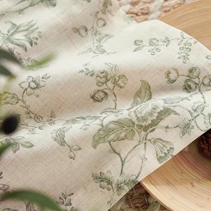 jinchan Amlie Floral Kitchen Curtains 30 Inch Length Linen Cafe Curtains Small Window Drapes Light Filtering Botanical Farmhouse for Bedroom Bathroom Rod Pocket 2 Panels Sage Green on Linen