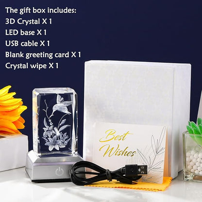 3D Hummingbird Mothers Day Gifts for Mom Women Glass Figurines Crystal Humming Bird Lily Flower Statue Home Decor with Light Base, Present for Nature Lovers on Birthday Christmas