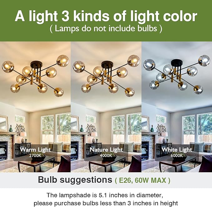 8 Light Glass Globe Ceiling Light Black and Gold Mid Century Flush Mount Sputnik Light Fixture Bubble Chandelier Living Room Farmhouse for Dining Room Kitchen Bedroom.
