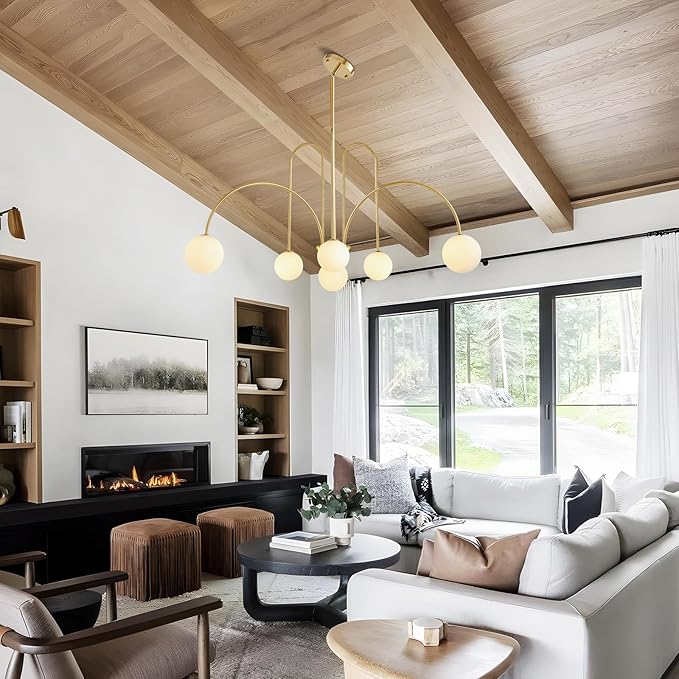 Modern Gold Sputnik Chandelier 6-Light Mid Century Chandelier for Dining Room with Milky Glass Globe Brushed Brass Ceiling Pendent Light Fixture for Living Room Kitchen Island Foyer Bedroom