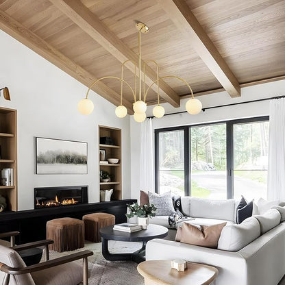 Modern Gold Sputnik Chandelier 6-Light Mid Century Chandelier for Dining Room with Milky Glass Globe Brushed Brass Ceiling Pendent Light Fixture for Living Room Kitchen Island Foyer Bedroom